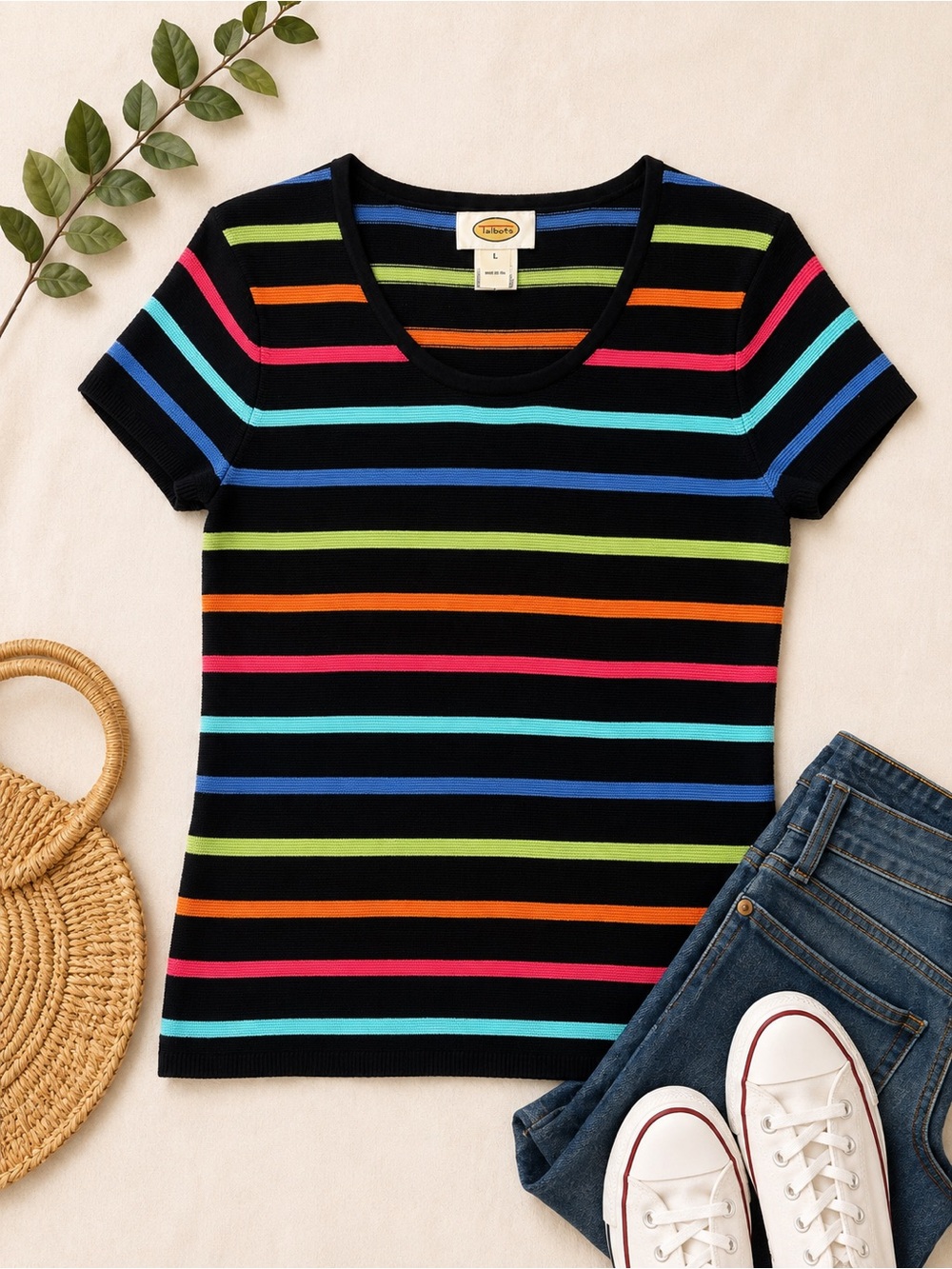 Talbots Vintage Black Rainbow Stripe Knit Sweater Tee